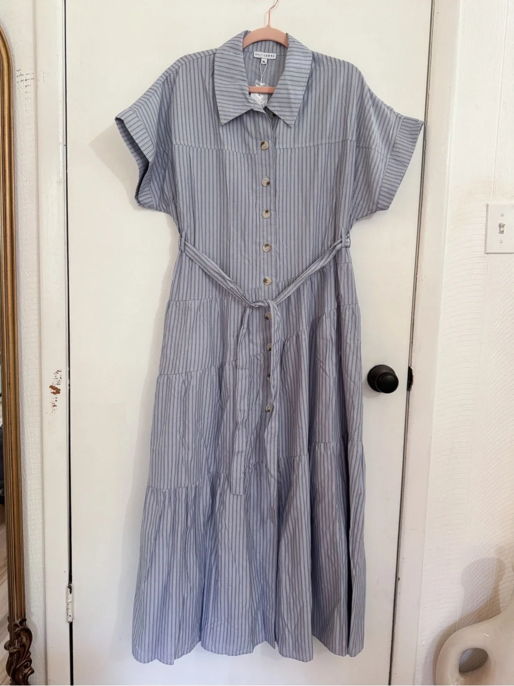 Baltic Born Blue Striped Button-Front Maxi Dress with tie belt XL NWT - Picture 3 of 6